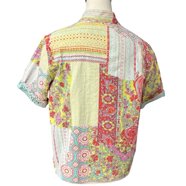 Handmade Reversible Paisley Boho Patchwork Button Top Short Sleeve Medium Fit Red - Image 2