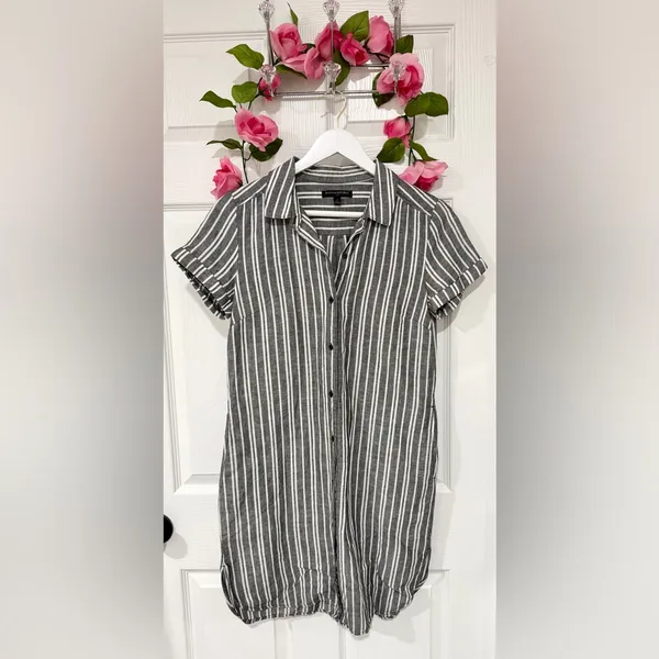 Banana Republic Gray White Coastal Linen Blend Preppy Size 4 Striped Shirt Dress - Image 2