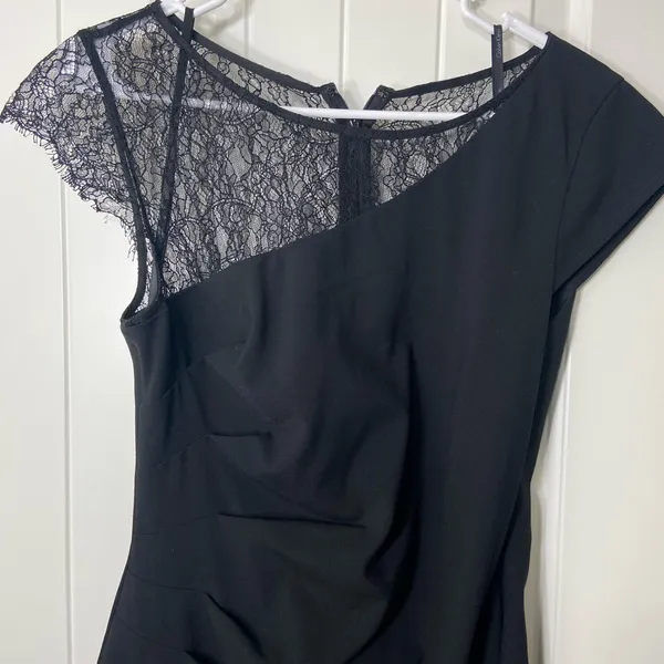 NWOT Calvin Klein women’s solid black ruched cocktail lace sheath knee dress‎ 10 - Image 2