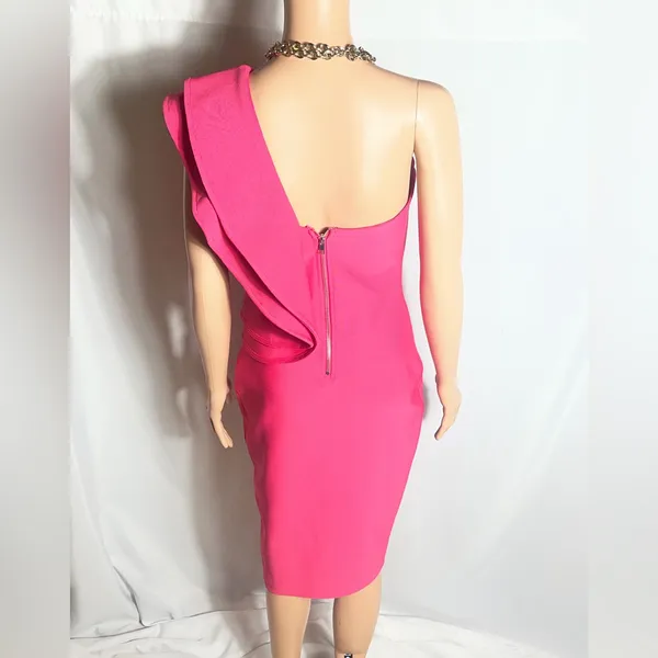 Hot Pink One Shoulder Ruffle Midi Bodycon Dress Size M Slit Back Zip - Image 4