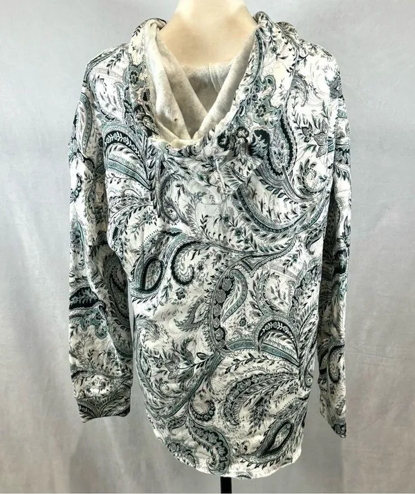 JM Active ivory and green paisley print soft brushed hoodie size medium NWT - Image 5