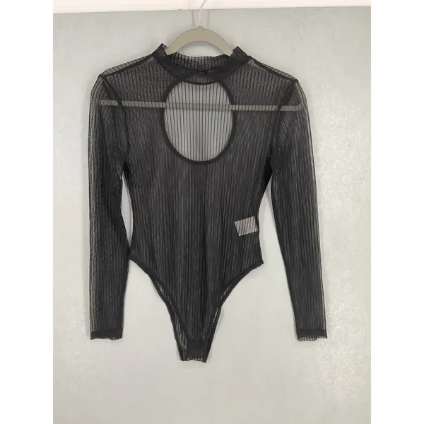 Commense Womens Bodysuit Black Sheer Mesh Front Cutout Ribbed Long Sleeve M - Image 2