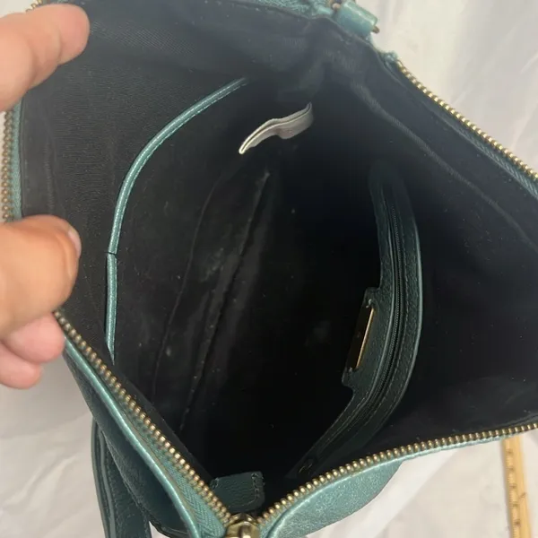 Lucky Brand Teal Leather Foldover Crossbody Hobo Bag Boho Fringe Distressed - Image 13