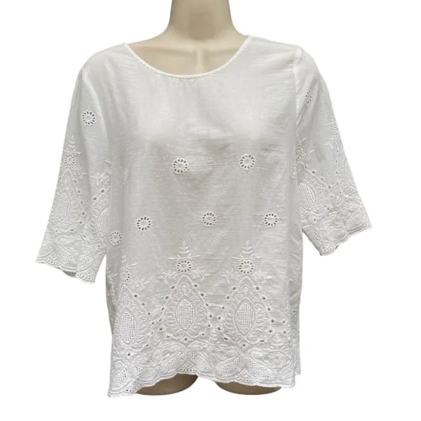 Lipslide White Embroidered Blouse M Cotton Cutwork Floral Cottage Fairy Boho - Image 2