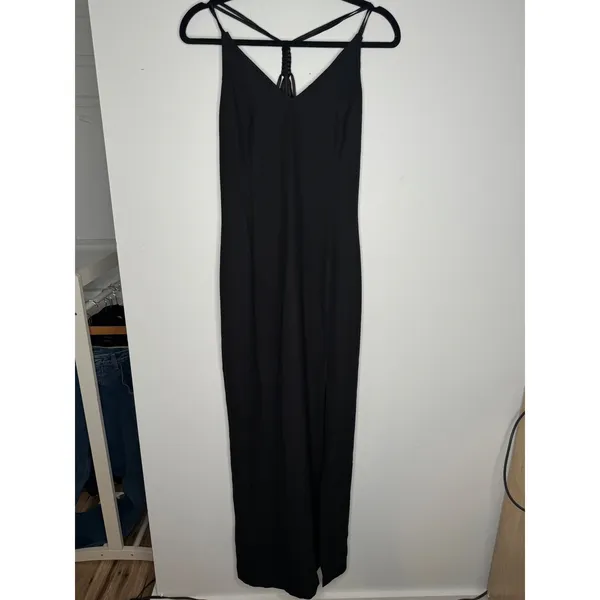 Vintage Black Multi Strap Open Back V-Neck‎ Maxi Formal Evening Gown Slit Dress - Image 3