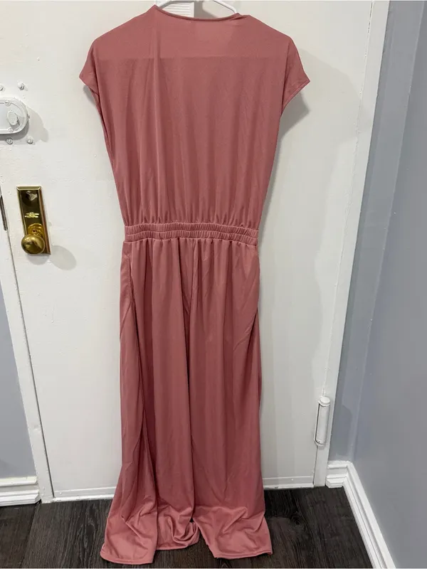 NWOT Halara Light Pink V Neck Short Sleeve Wide Leg Flowy Waffle Casual Jumpsuit - Image 7