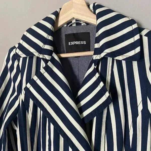 Express Women's S Blue White Striped Pleated Back Trench Coat Size Small Preppy‎ - Image 5