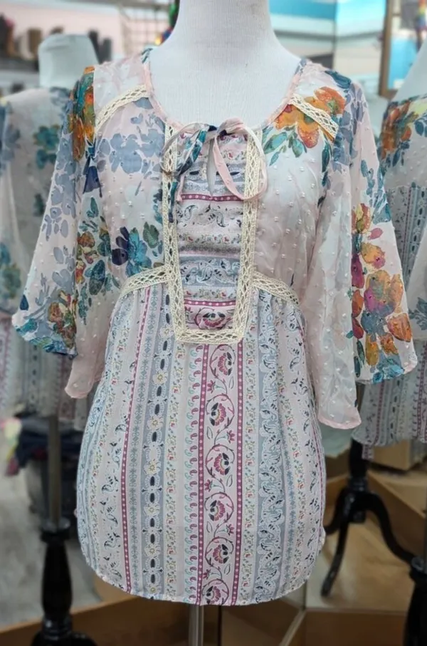 New Direction Boho Floral Sheer Blouse Medium Swiss Dot Lace Peasant Top - Image 4
