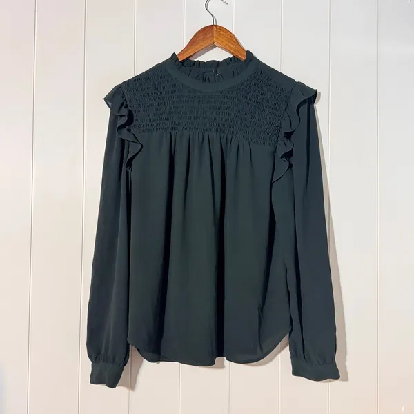 LOFT Flutter Sleeve Smocked Yoke Blouse Medium Green Long Sleeve Top - Image 2