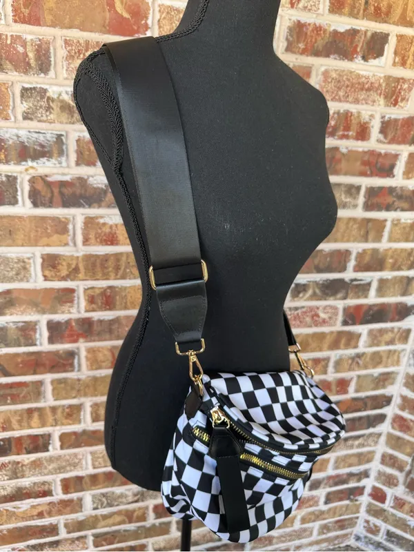 Black & White Checkered Sling Crossbody Bag – Adjustable Strap Gold Hardware - Image 5