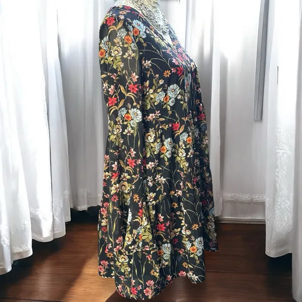 Altar'd State Floral Babydoll Mini Dress Black‎ V-Neck Bell Sleeve Small - Image 2