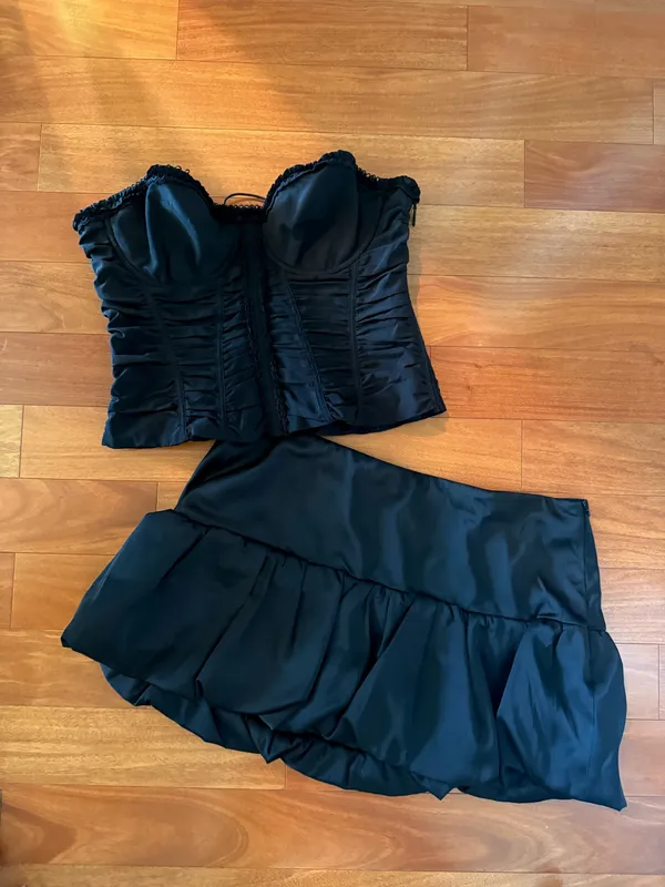 BNWT Oh Polly Black Melvina Ruched Lace-Up Strapless Corset Top & Matiya Bubble Hem Mini Skirt Set - Image 4