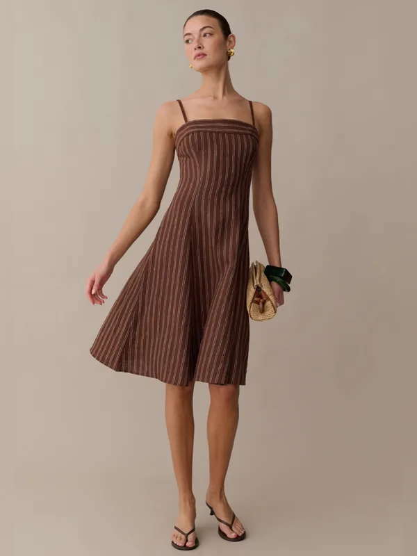 NWT o.p.t Gizele Linen Dress size Small S brown white stripe midi few moda - Image 4