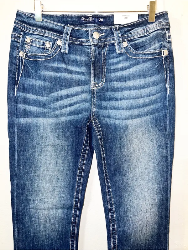 Miss Me Los Angeles Floral Pocket Detail Dark Washed Mid-Rise Straight Leg Jeans - Image 2