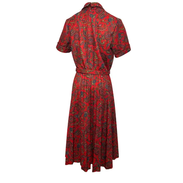 VTG 70s Red Paisley Dagger Collar Midi Dress with Matching Belt M Whimsygoth - Image 14