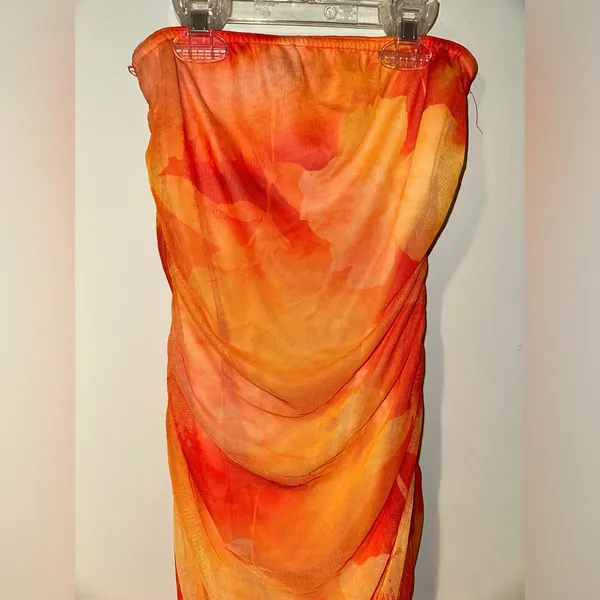 PrettyLittleThing Orange Floral Mesh Bandeau Ruched maxi dress size 2 - Image 4