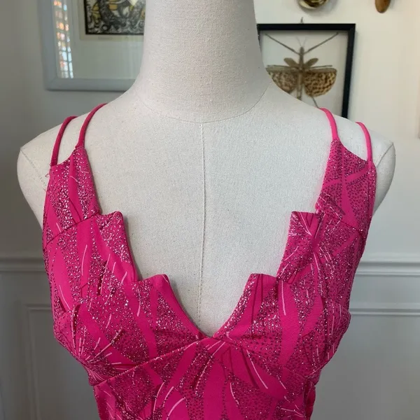 Vintage Y2K Ynes Stretchy BodyCon Mini Dress Bold Pink Glitter S - Image 3