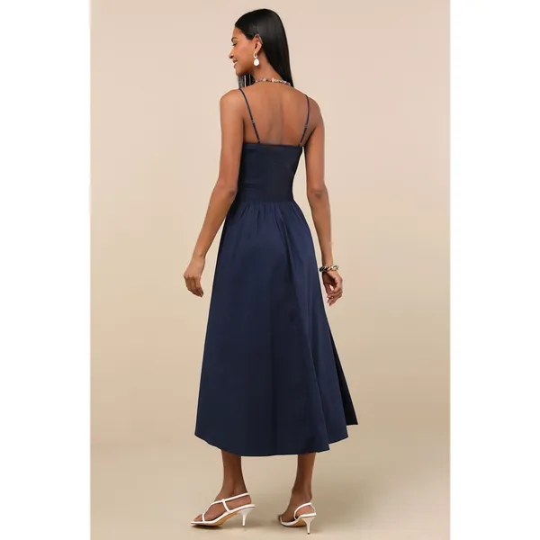 NWT Lulus Tandria Navy Smocked Sleeveless Midi Dress Holiday Gala Wedding Size M - Image 3