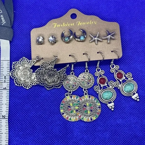 New boho‎ earrings crescent moon starfish geometric 6 pair multipack - Image 2