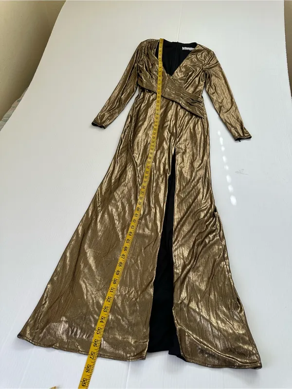 Mac Duggal Metallic Long-Sleeve Asymmetrical Ruched Gown IEENA Collection, 0 - Image 7