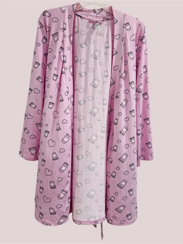 French Affair Coffee Lover Pink 3-Piece Pajama Lounge Set Robe Cami Shorts XL - Image 6