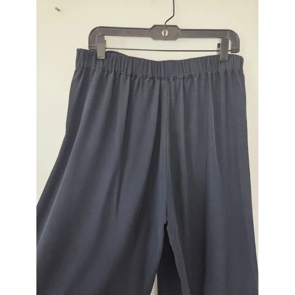 Elaine Kim 100% Silk Wide Leg Cropped Pants Lightweight Navy Blue Pull On Large - Image 9