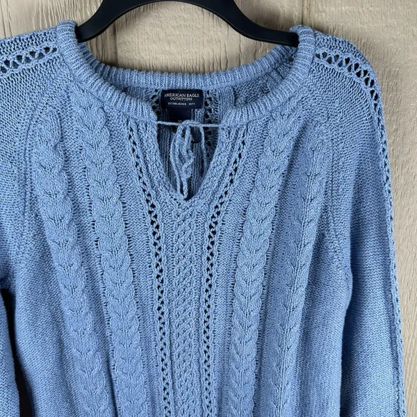 Vintage American Eagle Sweater Womens XL Blue Cable Knit Flare Sleeve Fisherman - Image 2