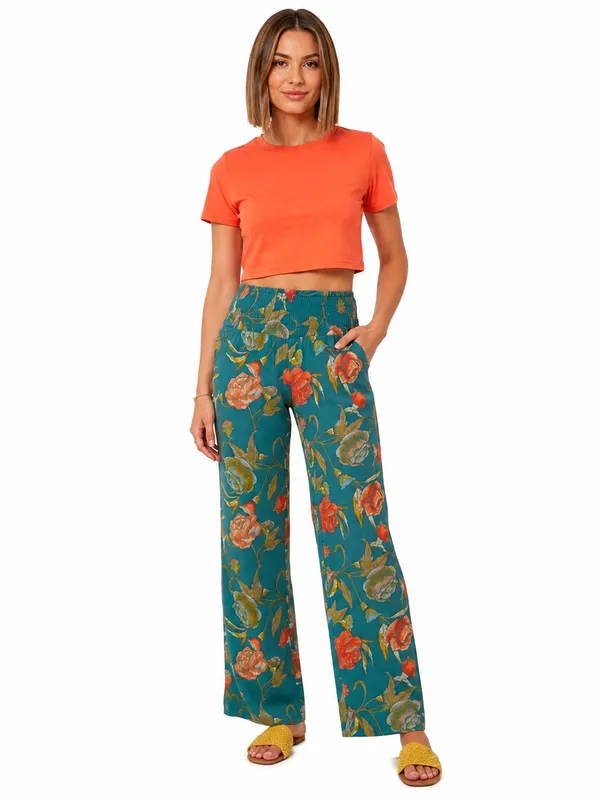 O’Neill Teal Floral Wide Leg Pants Smocked Waist Boho Resort Coastal Small Beach - Image 2