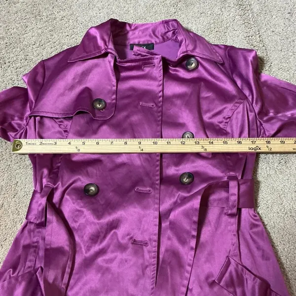 BCX Double Breasted Belted Trench Coat Jacket‎ Women's Size M Purple Satin Look - Image 6