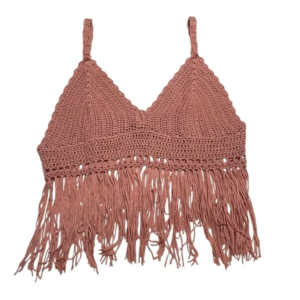 POL Crochet Fringe Crop Top Bralette – Boho Festival Tank, Dusty Rose Pink, Sz L - Image 8