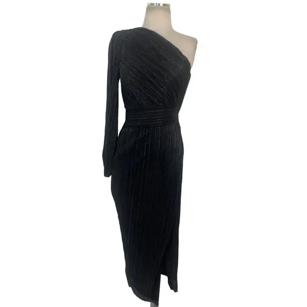 Saylor Alora Dress in Black Metallic Womens Plisse One Shoulder Midi - Image 6