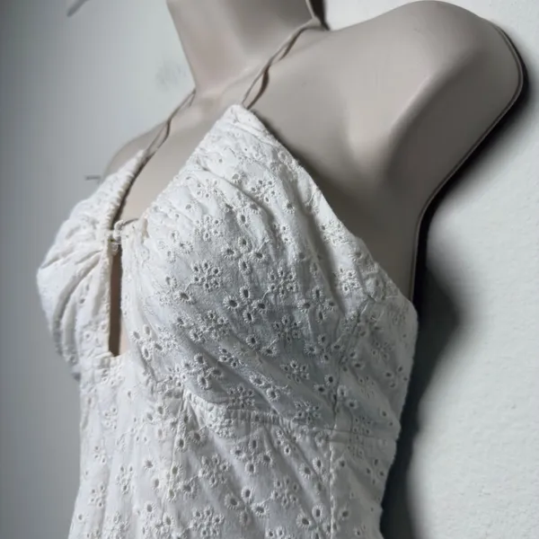 Tiger Mist Women Cotton Eyelet Halter Mini Dress Small White Ruched Boho‎ Resort - Image 5