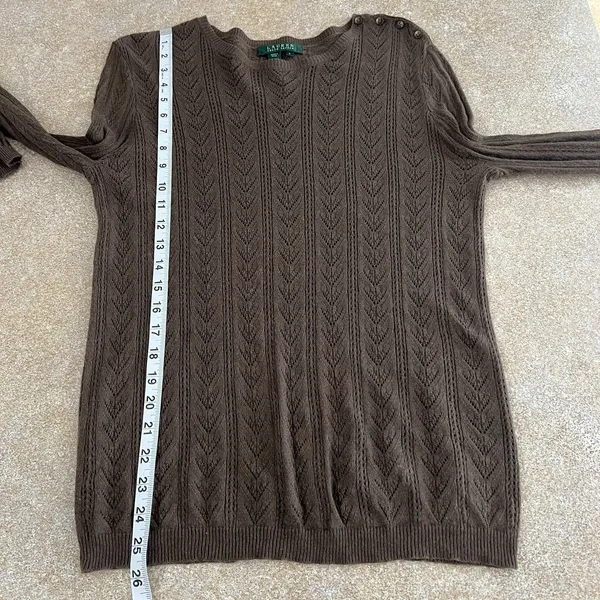 Ralph Lauren Silk Cashmere Sweater Womens‎ Large Green Brown Pointelle Open Knit - Image 2