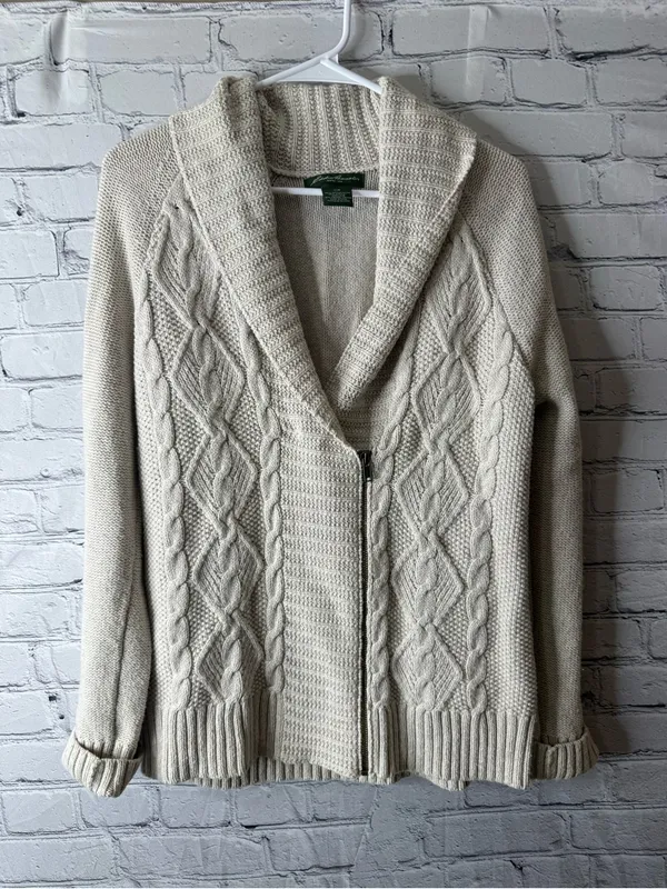 Eddie Bauer Cream Cable Knit Zip-Up Shawl Cardigan size large - Image 2