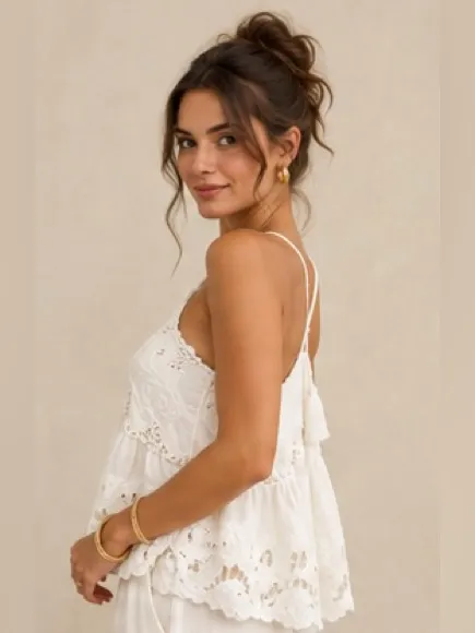 Sea New York Ivory Embroidered Boho Halter Racerback Flowy Swing Cami Blouse XXS - Image 2