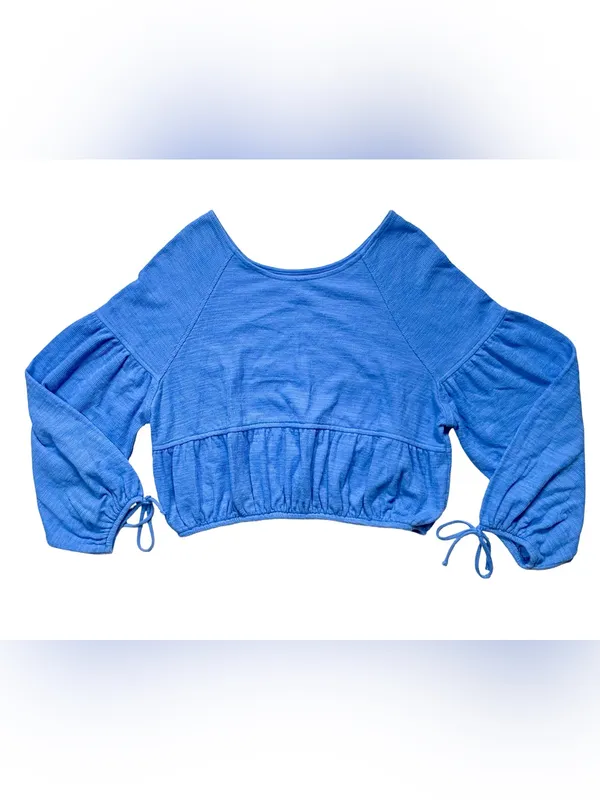 Aerie Endless Summer Cropped Eyelet Blue Tie Cuff Sweatshirt Size XS - Image 2