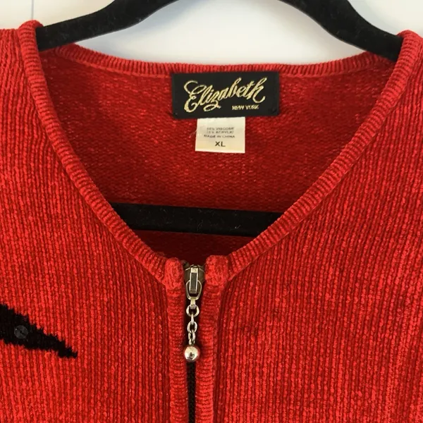 Elizabeth New York Cardigan XL Red Black Animal Print Chenille Studded - Image 7