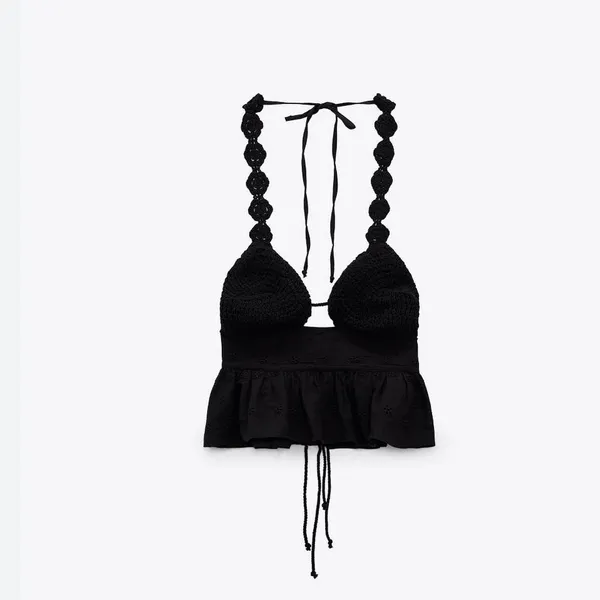 Zara Black Halter Sleeveless Crochet Open Knit Peplum Blouse Cami Top Size M - Image 4