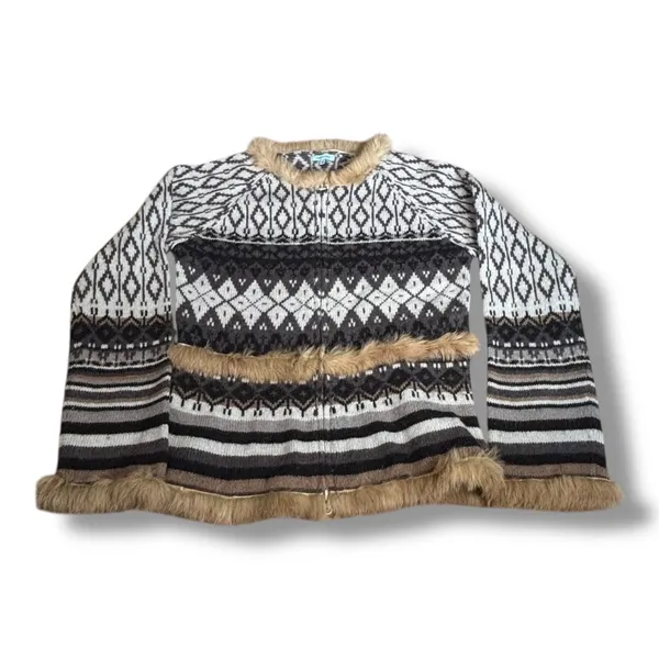 Vintage Y2K Fair Isle Shetland Wool Knit Cardigan Rabbit Fur Trim Belted Scarf‎ - Image 9