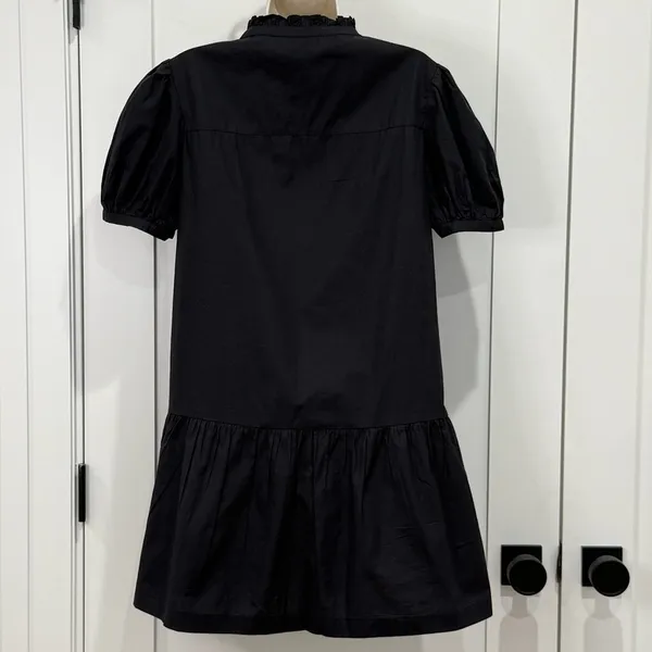 French Connection Poplin Mini Dress Puff Sleeve Black Small Preppy Coastal Chic - Image 9