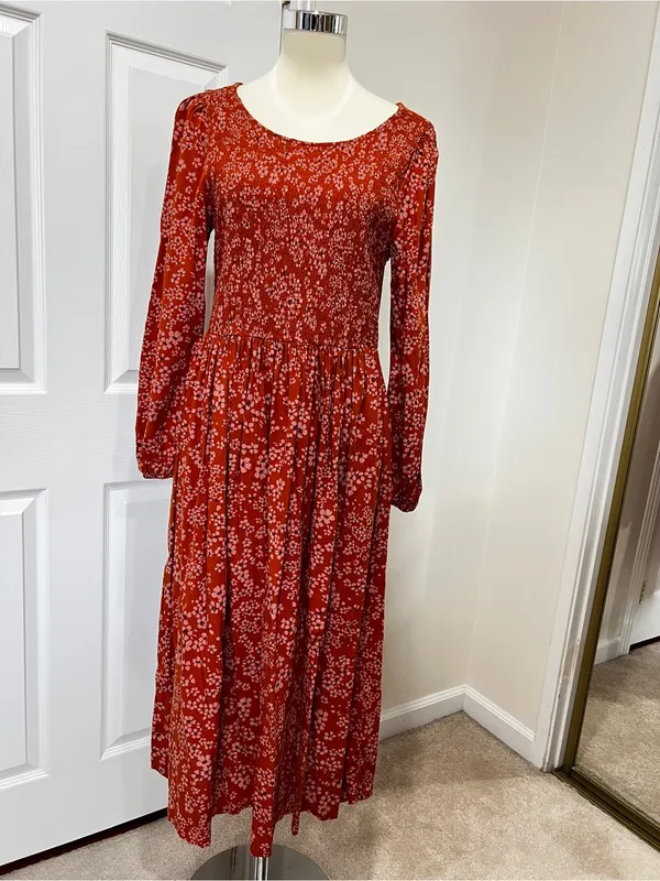 Susina Floral Smocked Bodice & Tiered Midi Dress Orange Burnt Orange Size Large - Image 3