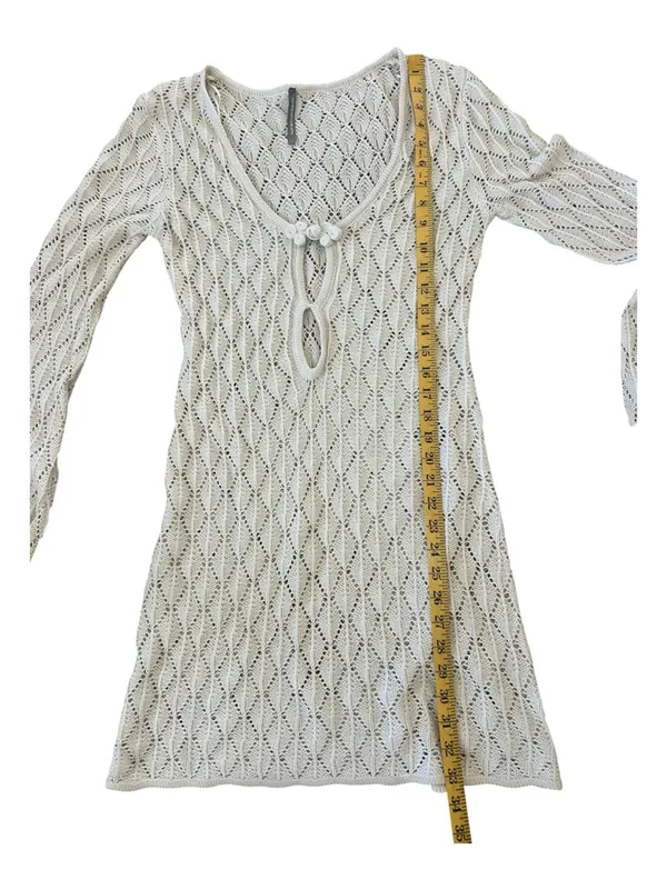 Streetwear Society Crochet Knit Mini Dress Beige Bell Sleeve Size L - Image 7
