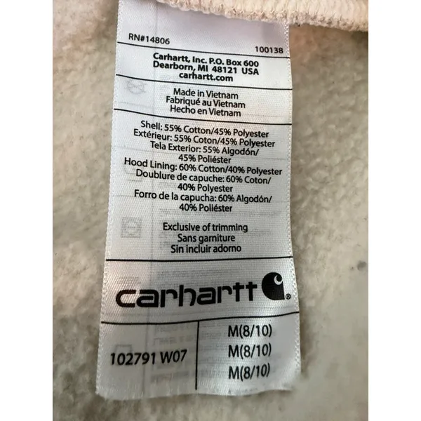 Carhartt Womens Relaxed Fit Hoodie Cream Logo Sleeve‎ Pullover 102791 M 8-10 - Image 6