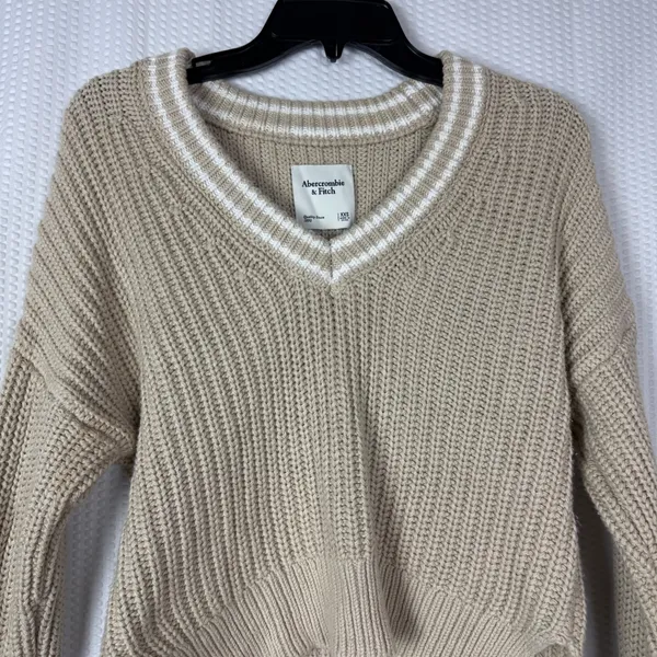 Abercrombie Fitch Tipped Ribbed V Neck Sweater Light Brown XXS Striped Collar‎ - Image 3