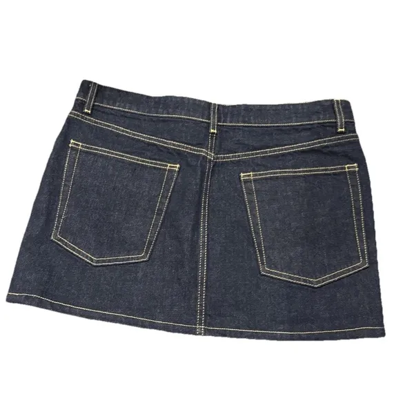 Zara Womens Large Denim Jean Mini Skirt Dark‎ Wash Pockets Button Fly Festival - Image 2