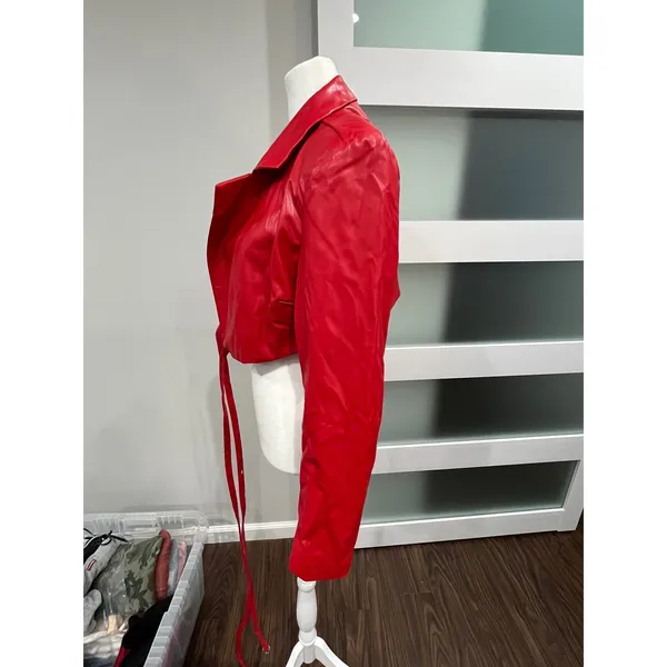 Moto Y2K Signature Eight Red Faux Leather Cropped Wrap Blazer Jacket‎ Small S - Image 5