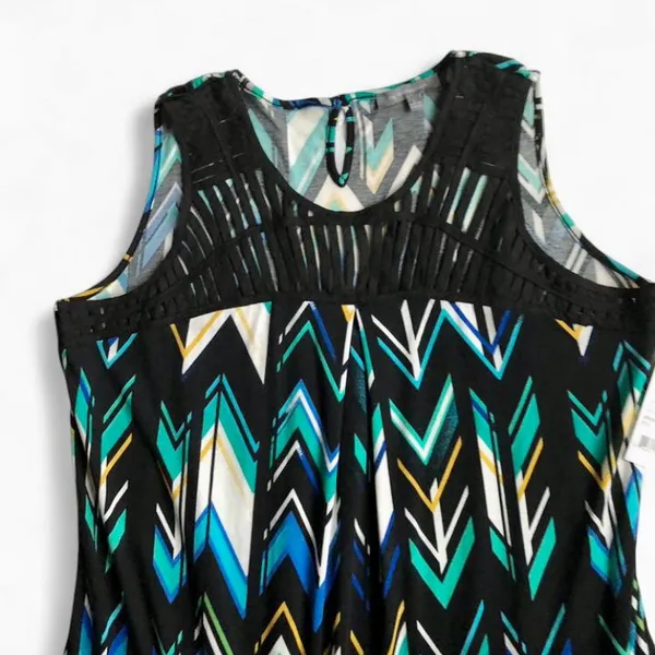 NWT NY Collection Wom Sleeveless Asymmetrical Chevron Dress Black Teal & Blue L - Image 4