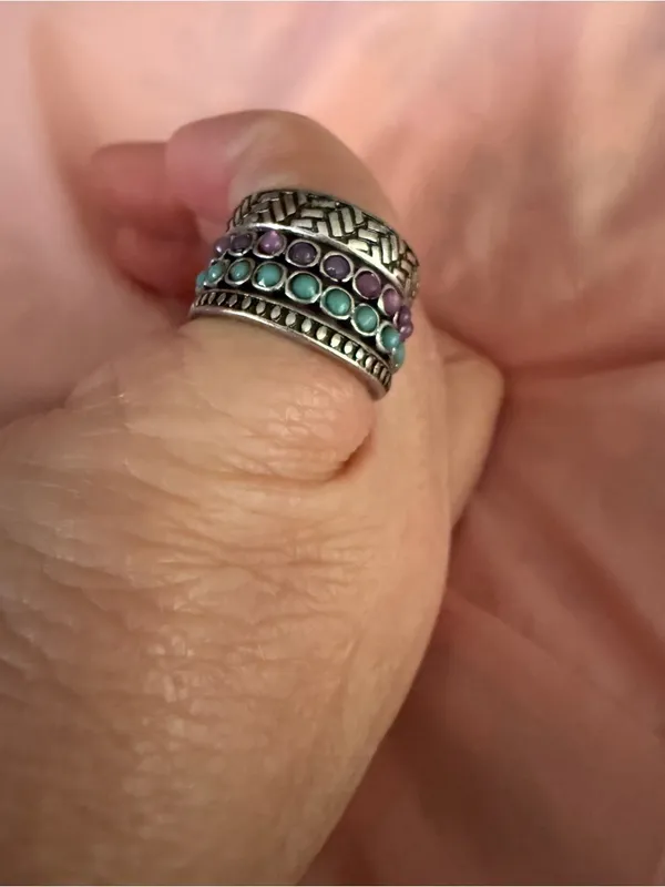 Stackable Silver Tone Ring Set of 4 with Purple and Teal Beads - Image 3