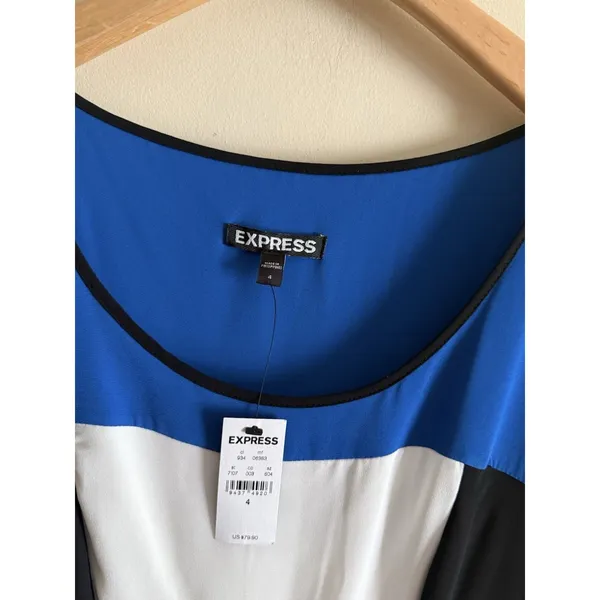 Express Color Block Blue Black Fit & Flare Skater Chiffon Dress Woman Sz 4‎ NWT - Image 2