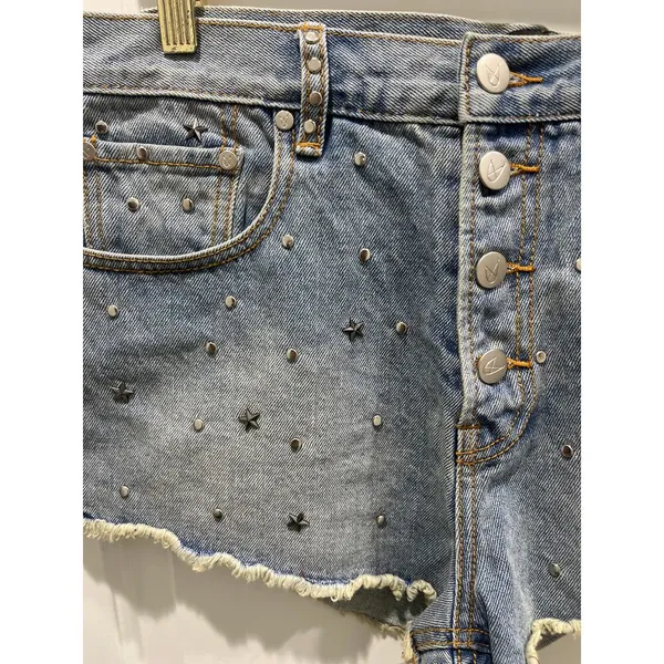NWOT MINKPINK Studded Button Fly Denim Cut Off Shorts M - Image 2